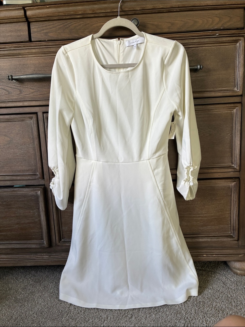 Lark & Ro Cream Long-Sleeve Sheath Dress with Pearl Bow Cuffs
